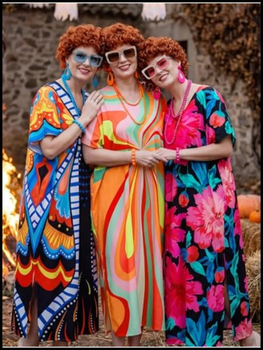 Women's 6 Piece Halloween Costume Set with Orange Wig, Print Caftan Dress,